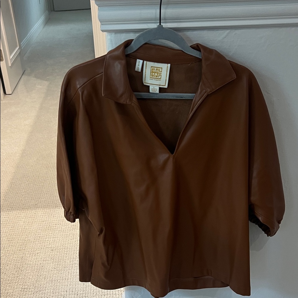 Emily McCarthy Rich Brown Faux Leather Blouse